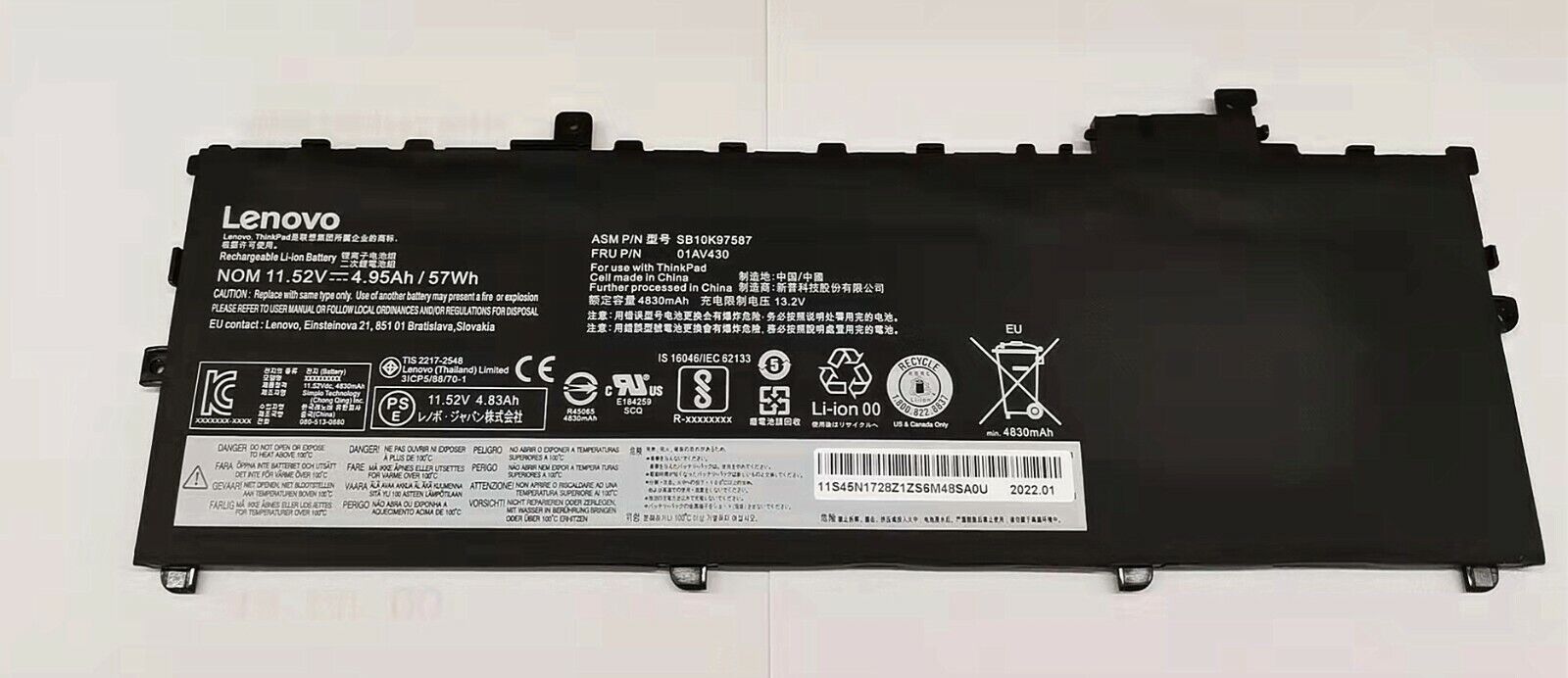 01AV430 New Genuine Lenovo ThinkPad X1 Carbon 2018 20KGA0BRCD 20KHA02FCD Battery 57Wh - LaptopBatteries.ca