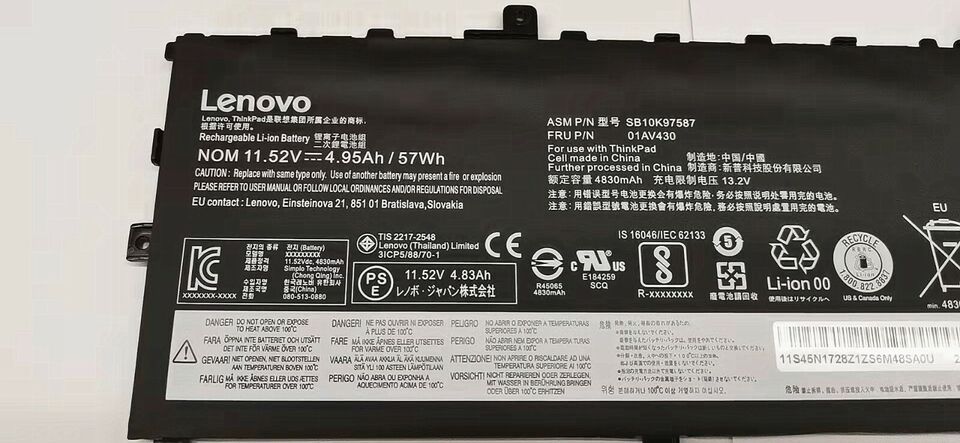 01AV430 New Genuine Lenovo ThinkPad X1 Carbon 2018 20KHA005CD 20KHA004CD Battery 57Wh - LaptopBatteries.ca