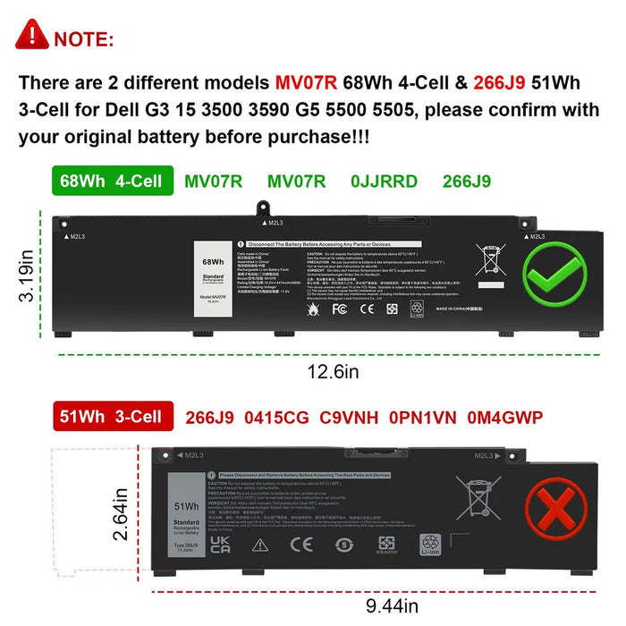 MVO7R New Compatible Dell G3 15 3500 3590 G5 5500 5505 68Wh Battery JJRRD W5W19